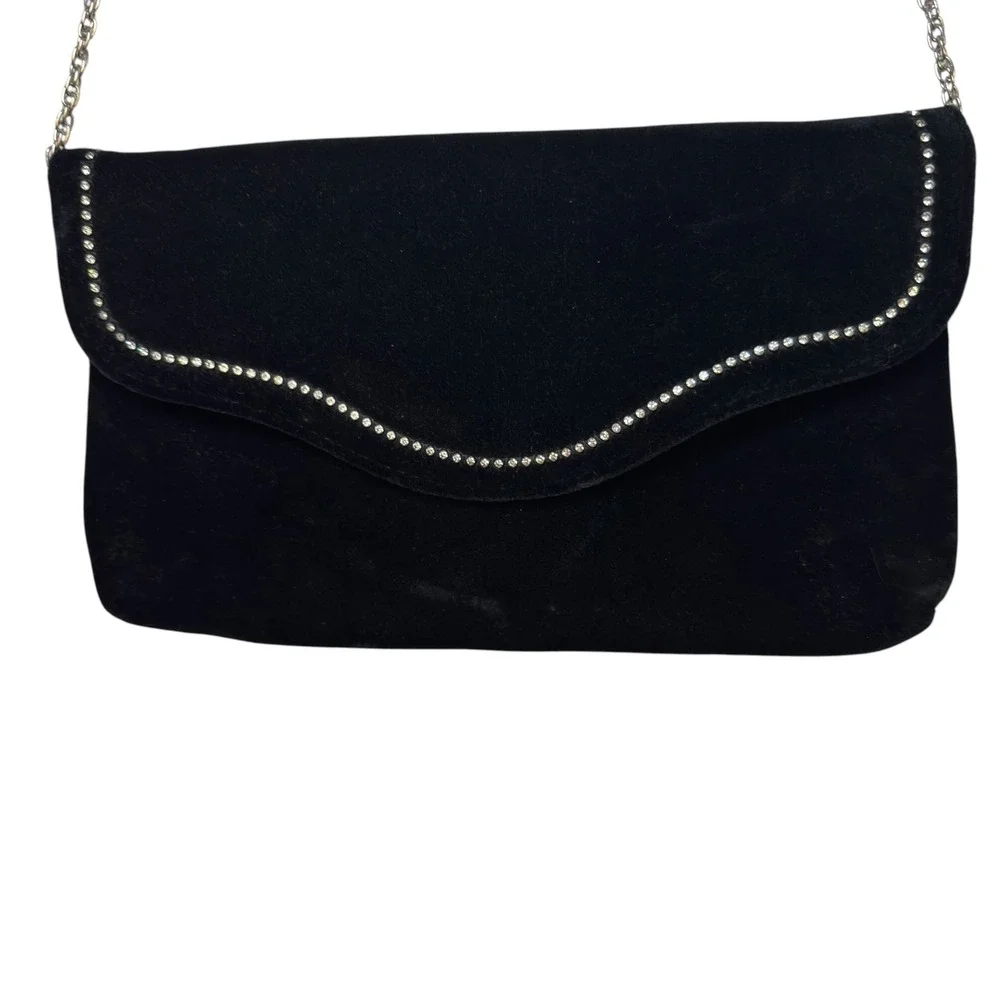 Unbranded Black Velvet Rhinestone Trim Clutch Bag Small Evening Formal Elegant